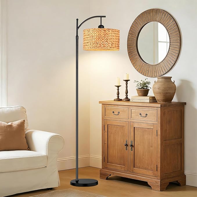 QIYIZM Floor Lamp for Living Room Bedroom Farmhouse Arc Rattan Boho Standing Lamp with Remote Dimmable Black Wicker Bamboo Lamp Shade Floor Light Adjustable Tall Lamp Industrial Floor Lamps Bohemian