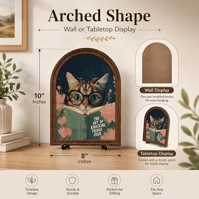 Funny Bird Decor Arched Wood Frame Tabletop Sign, Vintage Reading Bird Art Decor with Stand, Rustic Shelf Desk Mantel Accent for Bathroom Office Home