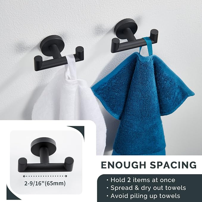 Angle Simple Double Towel Hook Matte Black 2 PCS, SUS304 Stainless Steel Bathroom Robe Hook, Hand Towel Holder for Wall