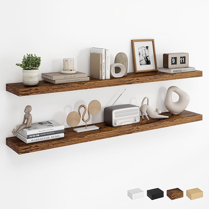 Dreamland 48Inch Floating Shelves for Wall, Rustic Wooden Storage Shelf for Living Room, Kitchen, Farmhouse, Wall Mounted Display Shelving with Invisible Heavy-Duty Metal Bracket, Set of 2 - Brown
