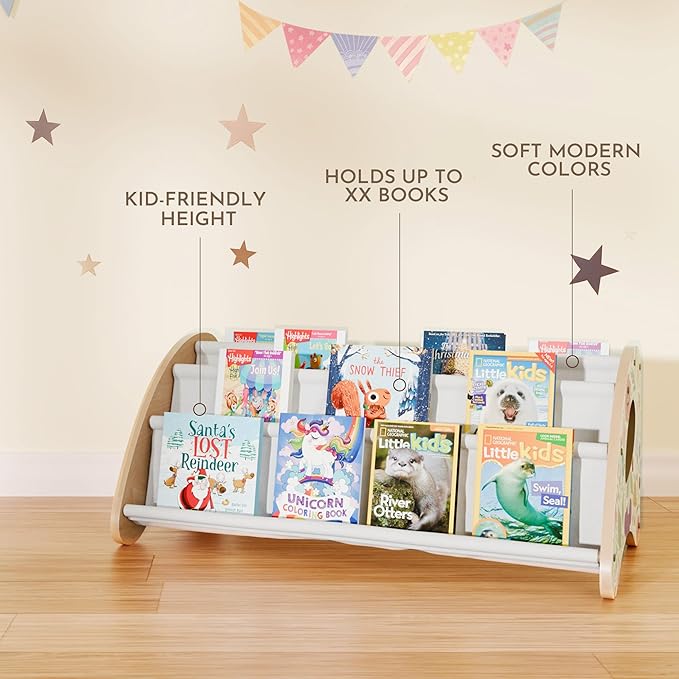 Toddler Bookshelf,4-Tier Book Rack Organizer with Fabric Storage Pockets, Wooden Bookshelves with Open Forward Display, Montessori Book Shelf for Nursery/Playroom, Natural Flower Design/White