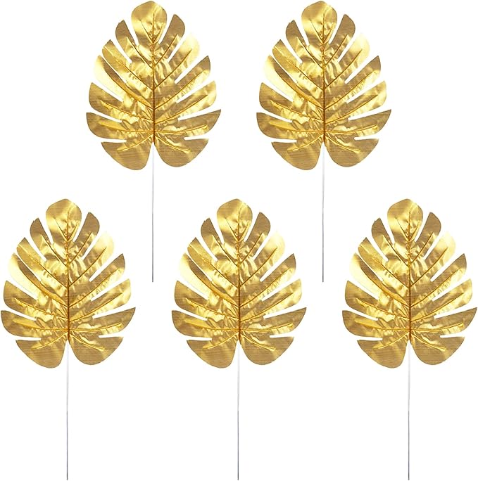 CCINEE 24PCS Golden Artificial Palm Leaves, Faux Monstera Leaves Simulation Safari Leaves with Stems for Home Hawaiian Luau Party Jungle Beach Theme Party Decoration