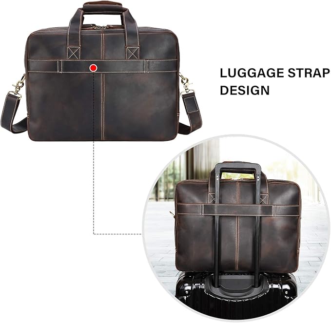 compalo Men's Solid Thick Full Grain Leather 17.3" Laptop Briefcase Classic Messenger Bag Fit Business Travel | Solid, Thick, Full Grain Leather, 17.3", Classic, Fit, Business Travel