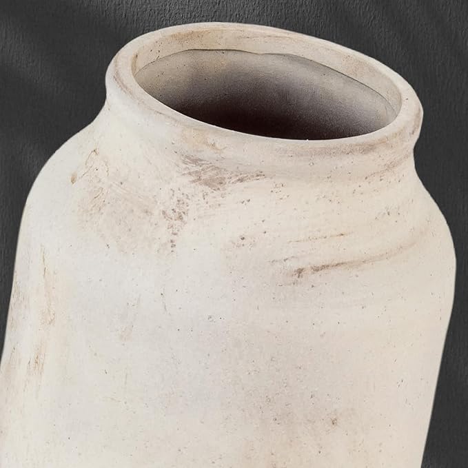 Rustic Ceramic Farmhouse Flower Large Vase, Whitewashed Terra Cotta Vase, Pottery Decorative Flower for Home Decor, Table, Living Room Decoration, Shelf Decor, Mantel, 9.5 Inch, White