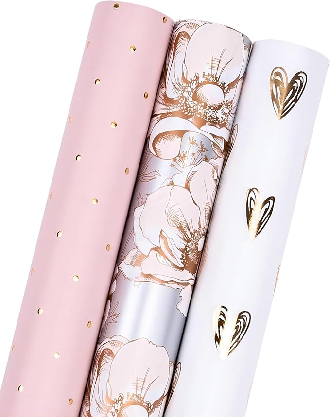 MAYPLUSS Pink Valentine's Day Wrapping Paper Roll - Mini Roll - 17in x 120in Per roll - Gray Floral,Gold foil Heart,Pink Polka Dots (3 Rolls 46.5sqft) For Birthday,Party,Girl,Wedding.Women