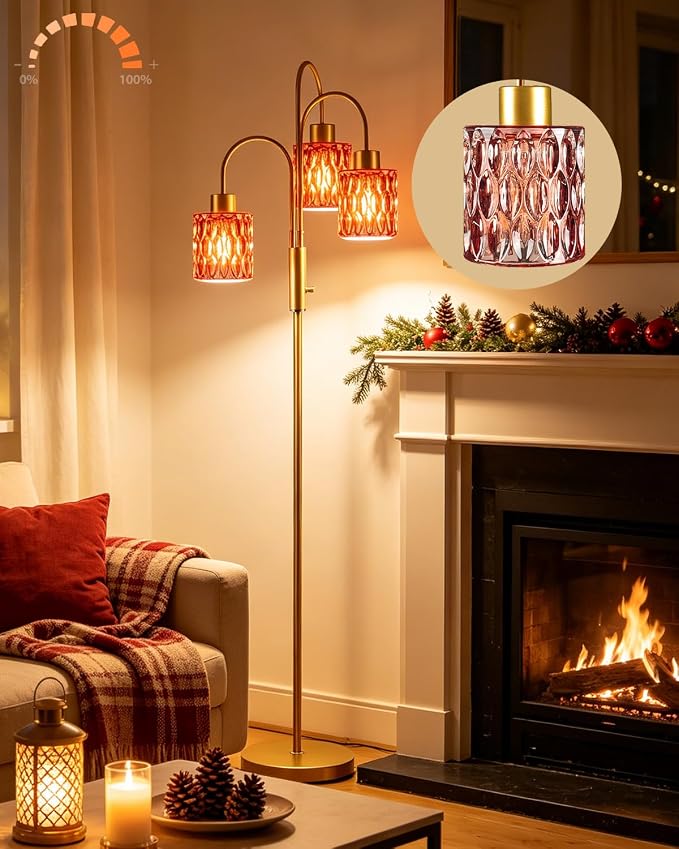 70" Glass Floor Lamp, 3-Light Gold Dimmable Standing Tall Lamp with Deep Red Ribbed Glass Shades &3PCS 3000K Warm White Bulbs, Modern Tree Pole Lamp for Living Room Bedroom Home Decor
