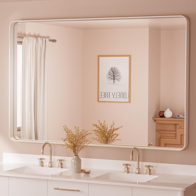 TETOTE White Framed Mirror for Bathroom 60 x 36 Metal Frame Wall Mounted Rectangle Mirror for Vanity with Sandy Textured Surface(Horizontal/Vertical)