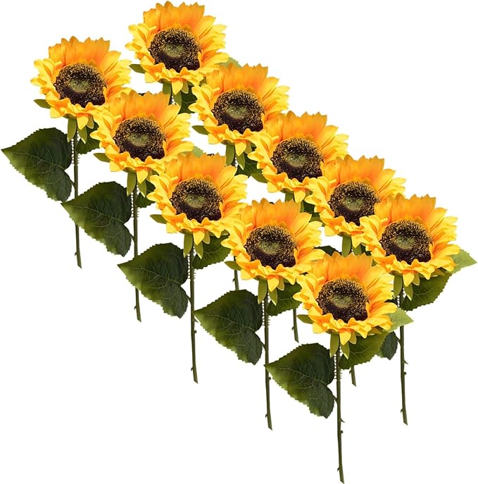 10 Pcs Bendable Sunflower Stems, Silk Flowers for Home Decor, Realistic Yellow Faux Sunflowers, Ideal for Kitchen Arrangements