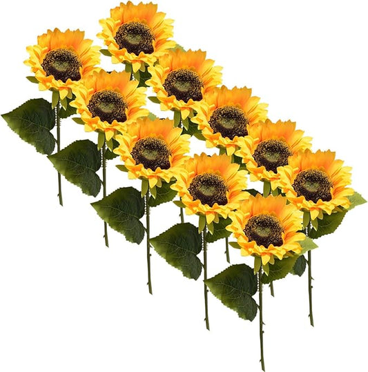 10 Pcs Bendable Sunflower Stems, Silk Flowers for Home Decor, Realistic Yellow Faux Sunflowers, Ideal for Kitchen Arrangements
