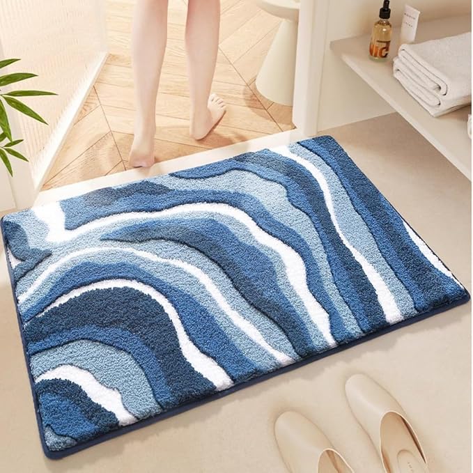 Ankah Luxurious Nordic Bathroom Rug, Extra Soft Fluffy Bath Mat, Absorbent, Non-Slip, Easy to Care and Fast Drying, Modern Style Marble Pattern Shower Rug, Home Decor Accessories, 17.3"x29.9", Blue