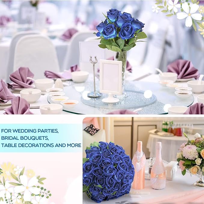 Jexine 50 Pcs Artificial Rose Flower Bulk Realistic Silk Fake Roses with Long Stem Plastic Artificial Flower Bouquet Real Looking for Home Wedding Centerpieces Party Decoration(Blue)
