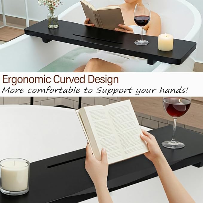 Elegant Black Bamboo Bathtub Tray Caddy for Standard Tub, 31" L Adjustable Bath Tray for Tub, Luxury Spa Bathroom Tray Organizer Table, Bath Tub Accessories for Women, Housewarming, Birthday Gifts