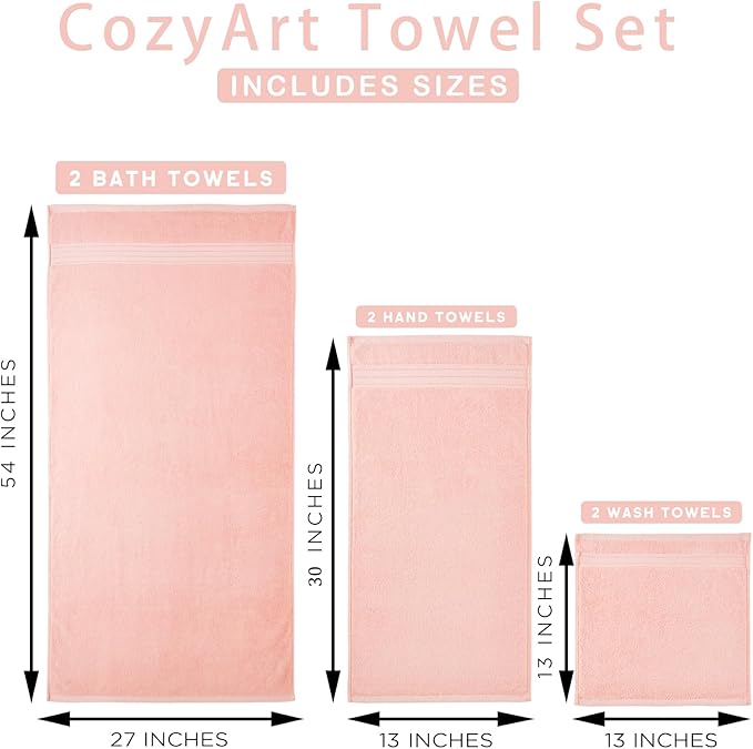 COZYART Soft Pink Bath Towel Set for Bathroom Soft Absorbent Durable 650 GSM Turkish Cotton Towel Sets of 6, 2 Large Bath Towels, 2 Hand Towels, 2 Washclothes