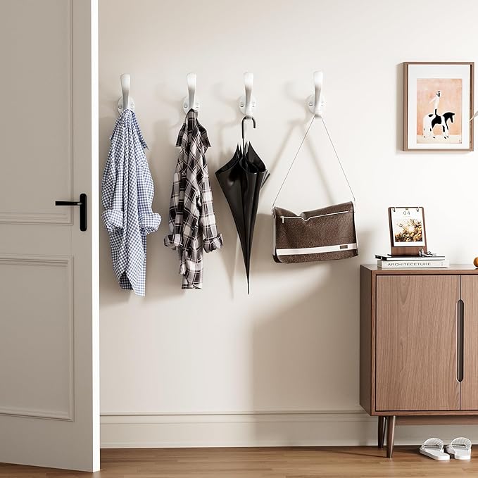 Coat Hooks Heavy Duty - Easy to Install Metal Towel Hooks Screw-in Wall Hooks for Hanging Hat, Towel, Key, Robe, Scarf, Bag, Cap (4 PCS White)