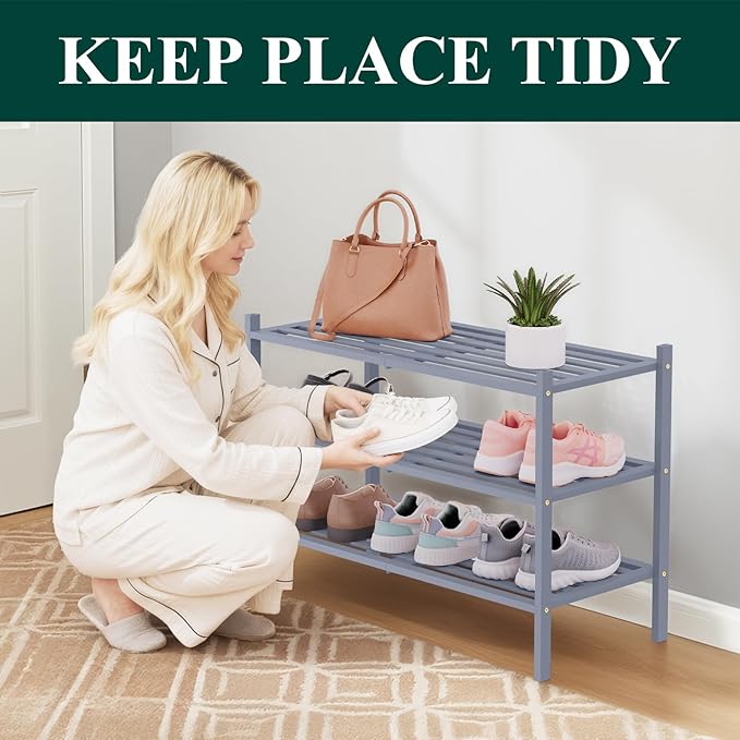 Smiry Bamboo Shoe Rack 3-Tier, Stackable Wooden Shoe Organizer for Entryway & Closet, Free Standing Wood Shoe Storage Shelf for Front Door & Small Spaces, Grey