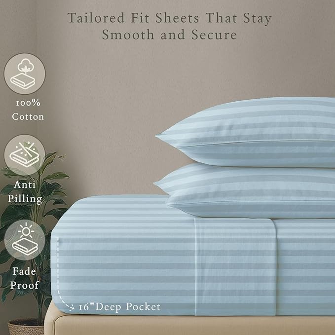 Threadmill 500 Thread Count Full Size Damask Stripe, 4 Pc Luxury Cotton Sheet Set, Breathable Light Blue Sheets with 16" Elasticized Deep Pocket, 2 Pillowcases & Free Tote Bag