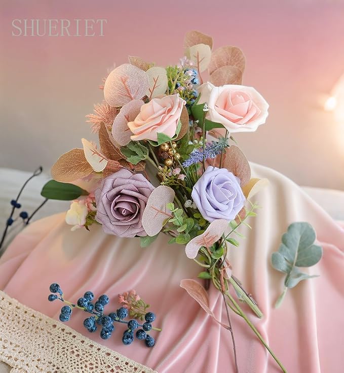 Purple Artificial Roses 25pcs, Real Looking Fake Foam Flowers with Stems for DIY Wedding Bouquets, Centerpieces, Bridal Shower, Party, Valentine's Day Decoration