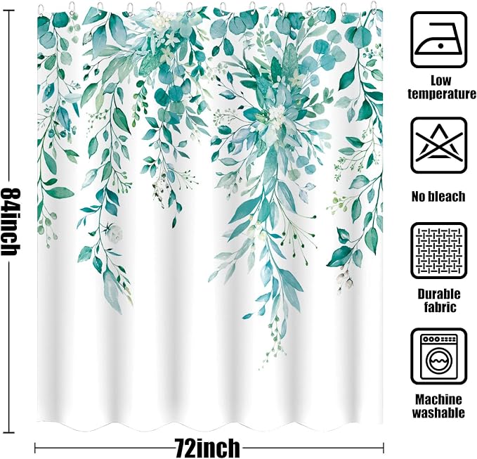 84 Inch Extra Long Teal Eucalyptus Shower Curtain Watercolor Floral Plant Leaf Shower Curtains for Bathroom Botanical Flower Waterproof Fabric Bath Curtain Decor with Hooks (Teal, 72'' x 84'')