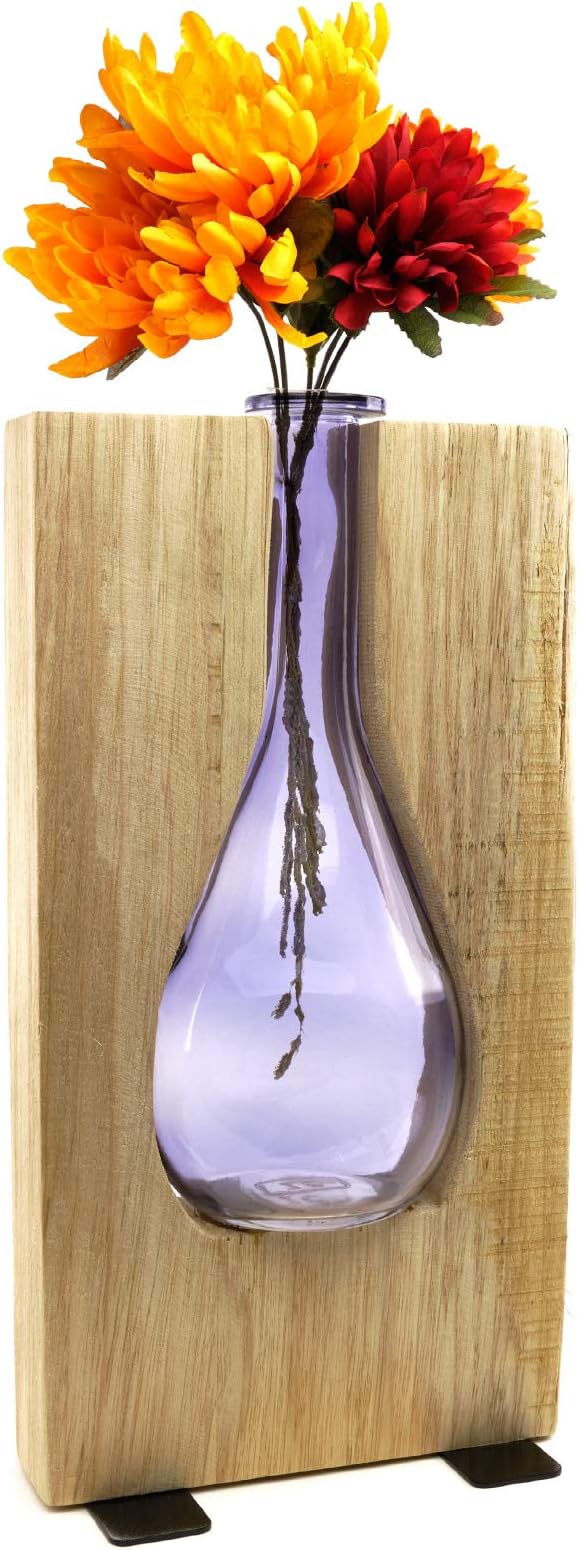 EXCELLO GLOBAL PRODUCTS Round Purple Glass and Wood Vase - Rustic Flower Vase Decorative Centerpieces for Dining Room Table Coffee Tables Vintage Farmhouse Decor (Tall - 13" x 7")