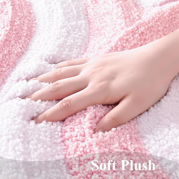 QJHOMO Pink and White Cute Bathroom Rugs Non Slip Bath Mat Modern Aesthetic Bathroom Decor, Geometric Striped Bath Rug Fluffy Floor Mats, Thick Microfiber Carpet Machine Washable (18x26 inch)