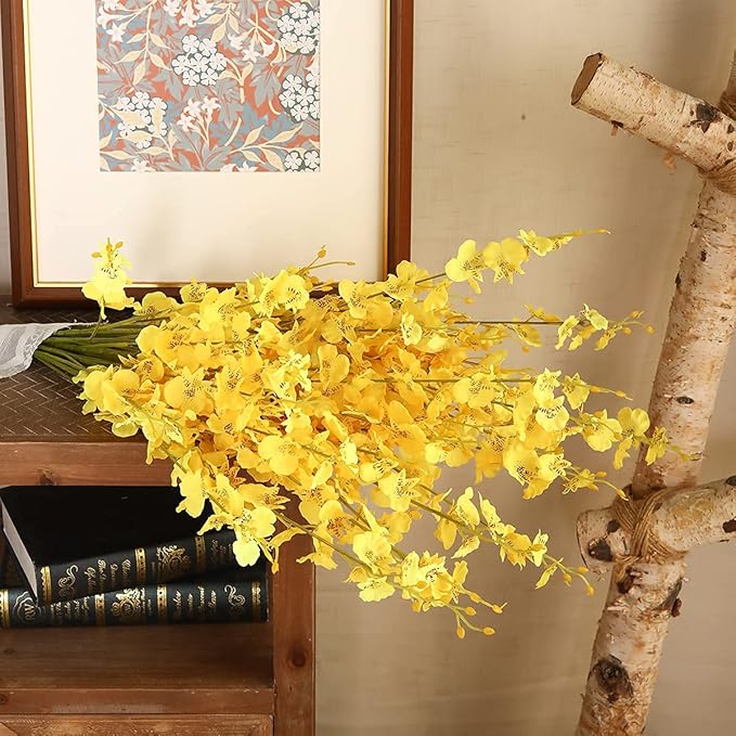 Kisflower 12Pcs Yellow Artificial Orchids Flowers, Dried Silk Orchids, Fake Orchids Flowers Silk Faux Dancing Orchids Bouquet for DIY Indoor Outdoor Wedding Party Home Kitchen Office Decoration