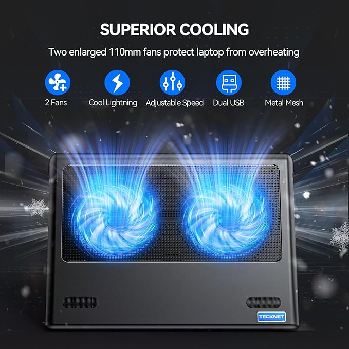 TECKNET Laptop Cooling Pad - 12"-15.6" Laptop Cooler, Powerful Cooler and Ultra Quiet for Gaming Laptops Pad, 2 Wind Speed Adjustable, USB A & C Powered Cooler Stand with Laptops Fan LED (Blue)