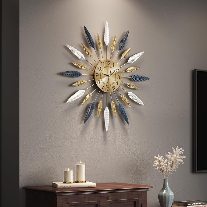 Cuspin Large Wall Clock, 24 Inch Mid Century Modern Clock Decorative Golden Feather Sunburst Wall Clock, Silent Non Ticking Battery Operated Wall Clocks for Living Room Decor