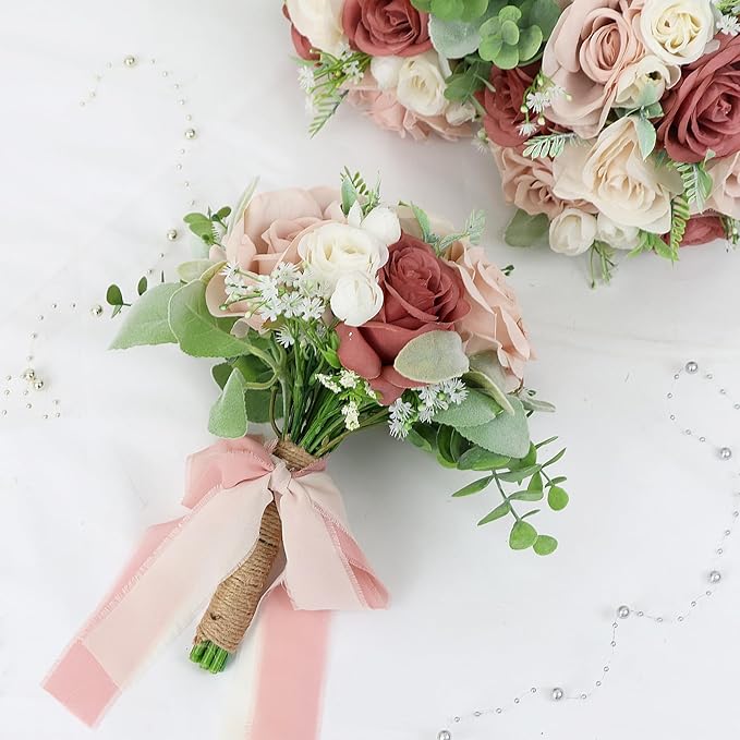 Set of 2 Bridesmaid Bouquets for Wedding - 7 Inch Artificial Flowers Bouquets for Ceremony Anniversary Centerpieces Decorations - Pink and White