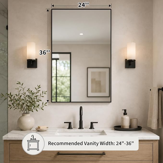 24"x36" Black Bathroom Mirror for Wall, Shatterproof Tempered Glass, Rectangle Thin Metal Frame, Ultra-Flush Wall-Mounted, H/V Mount