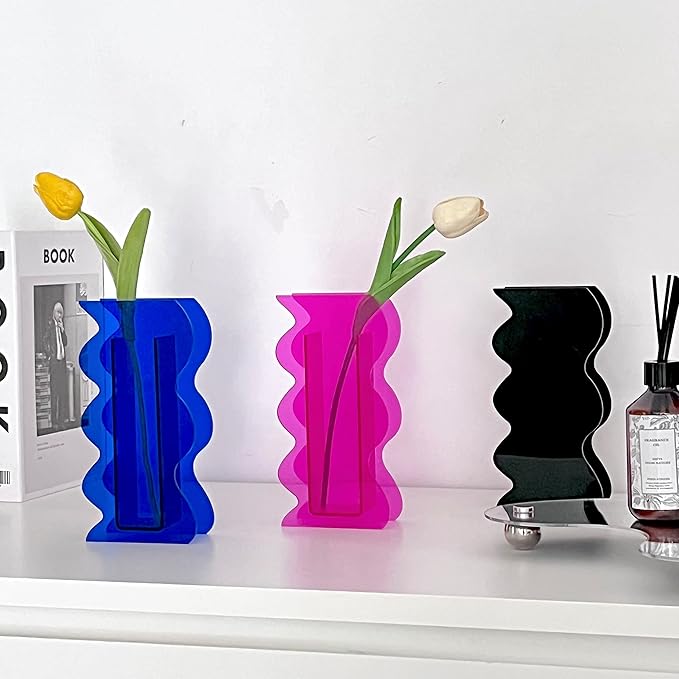 Hot Pink Acrylic Vase, 8-Inch Wave Shaped, Modern Centerpiece, Home Office Decor