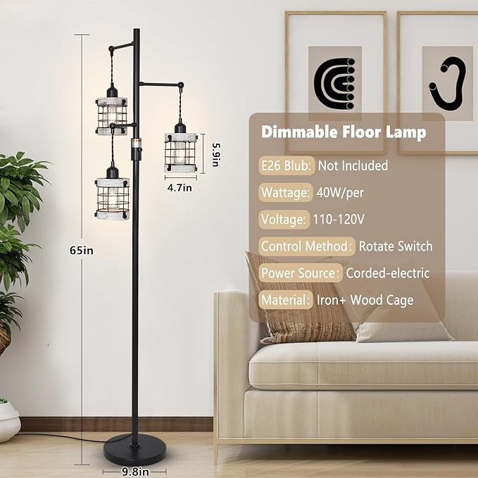 3-Lights Floor Lamp with Metal Wood Cage Lampshades, Vintage Standing Lamp for Living Room, Dimmable Tall Lamp for Bedroom, Industrial Tall Floor Lamps Rustic Corner Lamp for Reading Home Decor