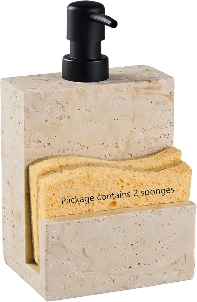 Beige Travertine Soap Dispenser with Sponge Holder – Marble Look Hand & Dish Resin Soap Pump Bottle for Kitchen & Bathroom, 2-in-1 Countertop Organizer, with 2 Natural Sponges (Luxury Home Decor)