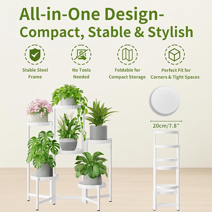 6 Tier Large Plant Stand Indoor with 7.9 Inch Wide Tray, Tiered Corner Metal Outdoor Flower Display Holder Shelf, Foldable Tall Rack for Patio Porch Living Room - WhiteFloroma