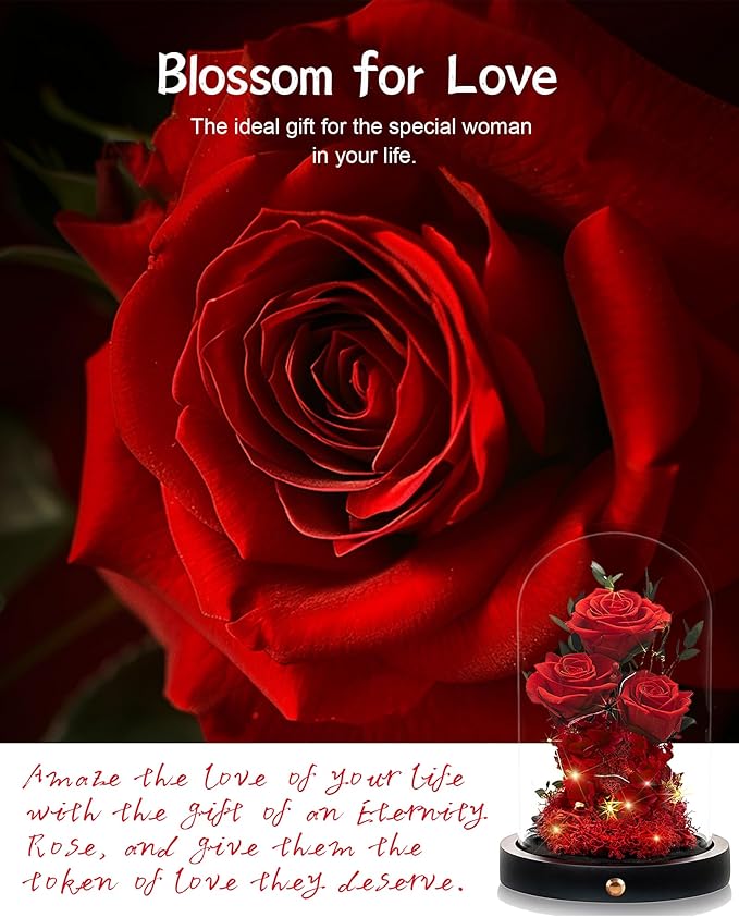 Christmas Flowers Roses Gifts for Mom,Forever Real Preserved Roses in Glass Dome,Christmas Anniversary Thanksgiving Gifts for Wife Girlfriend Women Best Friend Grandma/Red Rose