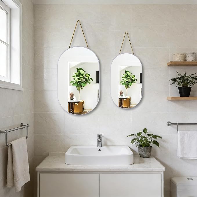 Oval Mirror, Oval Wall Mirror with Lanyard, High Definition Bathroom Mirror for Bathroom, Hallway, Living Room, Easy to Install (White, 11.61x18.9inch)