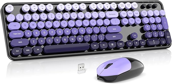 Wireless Keyboard and Mouse Combo, MOWUX Colorful Computer Full Size 2.4G Plug and Play Wireless Typewriter Keyboard and Mouse Set for Computer, Desktop, PC (Black& Purple Gradient)