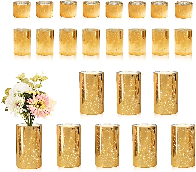 CHILL RECIPE Gold Cylinder Vases Glass Candle Holders Bulk, Mercury Hurricane Candle Holder Small Flower Vases for Centerpieces Tea Light Pillar Votive Candles Wedding Decor Party (8 Set 24Pcs)