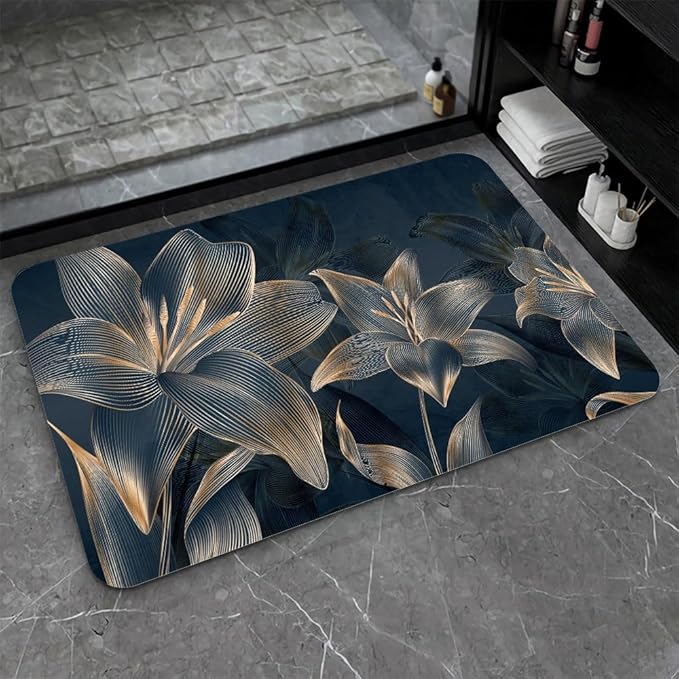 Diatomaceous Earth Bath Mat,Abstract Dark Flowers in Golden line Non-Slip Volume Super Absorbent Fast Drying for Bathroom Kitchen mat,Eco-Friendly Easy to Clean 16×24Inch (40 * 60cm)