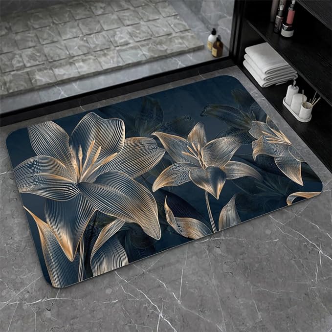 Diatomaceous Earth Bath Mat,Abstract Dark Flowers in Golden line Non-Slip Volume Super Absorbent Fast Drying for Bathroom Kitchen mat,Eco-Friendly Easy to Clean 20×31Inch (50 * 80cm)