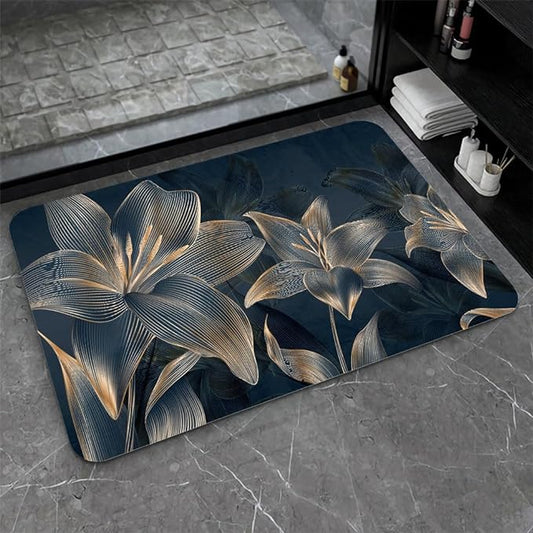 Diatomaceous Earth Bath Mat,Abstract Dark Flowers in Golden line Non-Slip Volume Super Absorbent Fast Drying for Bathroom Kitchen mat,Eco-Friendly Easy to Clean 20×31Inch (50 * 80cm)