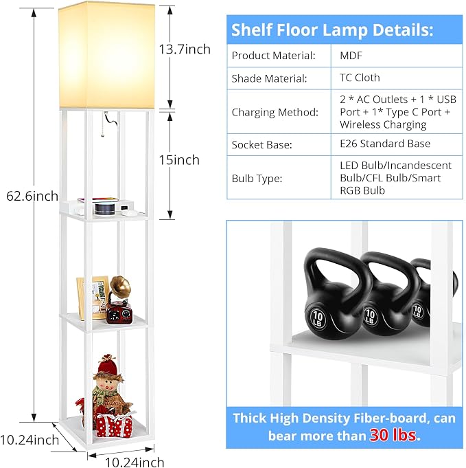 Mlambert Modern Shelf Floor Lamp with Wireless Charger & Fast Charging USB Ports & Type C Port & 2 Power Outlets,3 Tier Storage Lamp for Bedroom,White