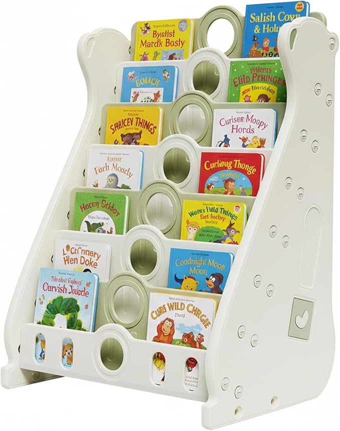 Kids Bookshelf for Toddlers, 7 Tier White Bookcase for Kids Bedroom/Nursery/Classroom, Corner Bookshelf Book Storage Organization Montessori Baby Book Storage Shelf (Green-7-Tier Bookcase)