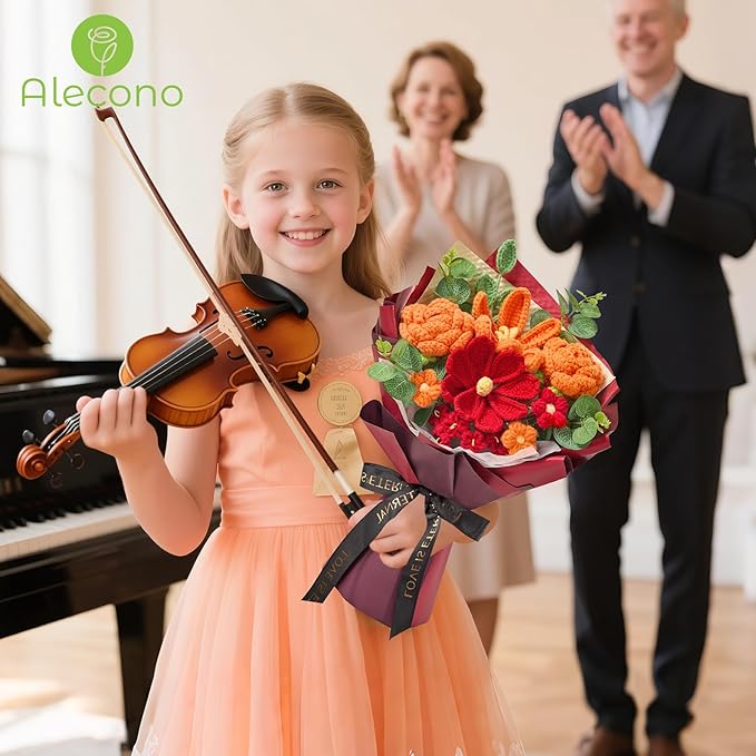 Alecono Crochet Flower Bouquet, Orange and Burgundy Knitted Flowers, Red Crochet Tulip Galsang Flower for Lover Anniversary Birthday Party Mother's Day Graduation Gifts (Include Card)