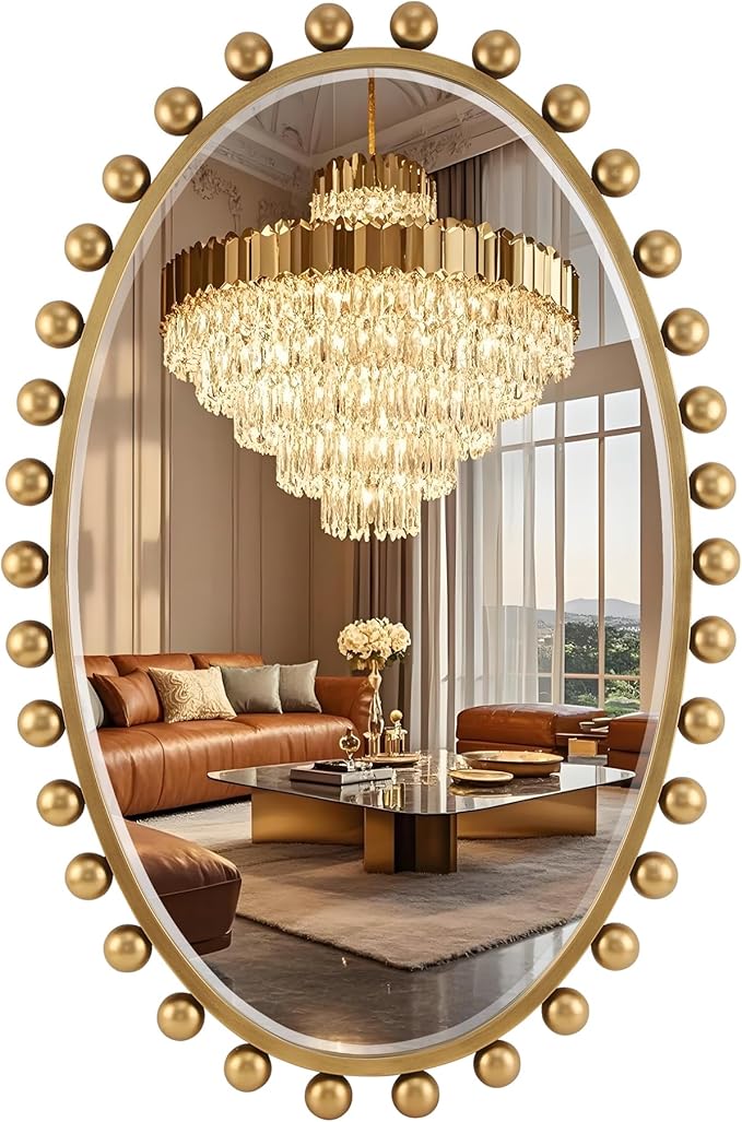 24"x36"Oval Wall Mounted Bathroom Mirror with Beveled Glass, Antique Gold Beaded Ball Frame, Vertical & Horizontal Hanging Vanity Wall Mirror for Bathroom, Bedroom, Entryway, Dressing Room