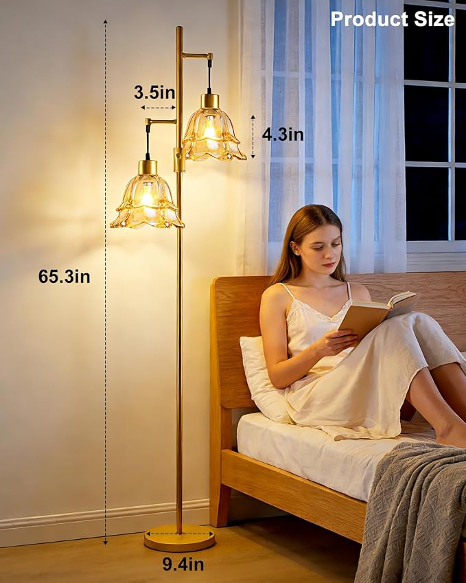 Lightdot 65IN Gold Flower Floor Lamp for Living Room, 2-Light Dimmable with Amber Glass Lampshade, 3000K Warm White Modern Standing Tall Lamp with 5Lbs Heavy Base for Bedroom Sofa Beside Corner Decor