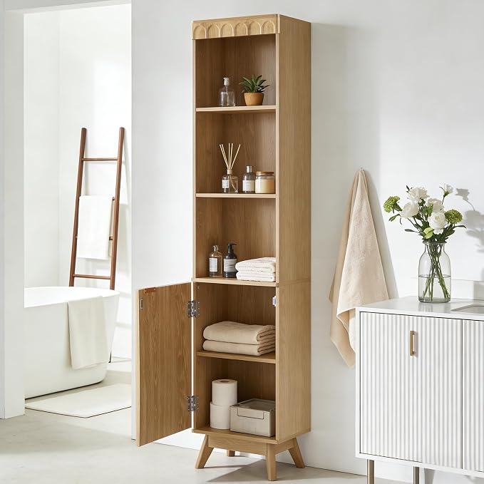 71" Tall Narrow Bathroom Storage Cabinet with Door, Small Fluted Cabinet with Adjustable Shelves & 3-Tier Open Shelf, Modern Freestanding Slim Organizer for Space Saving Living Room Kitchen (Natural)