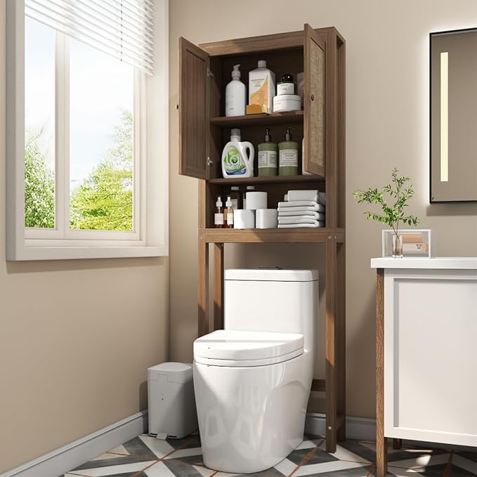 knoworld Rattan Over The Toilet Storage Cabinet, Above Toilet Bathroom Organizer with Adjustable Shelf, Behind Toilet Cabinet, Space Saver for Restroom, Bathroom, Laundry, Caramel Oak