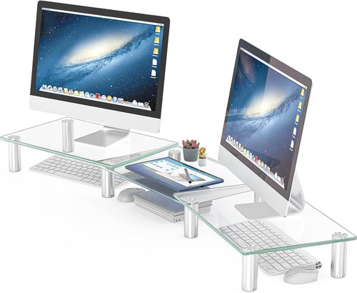 Hemudu Dual Monitor Stand - Adjustable Height & Angle Desktop Organizer for PC & Laptop (Clear)