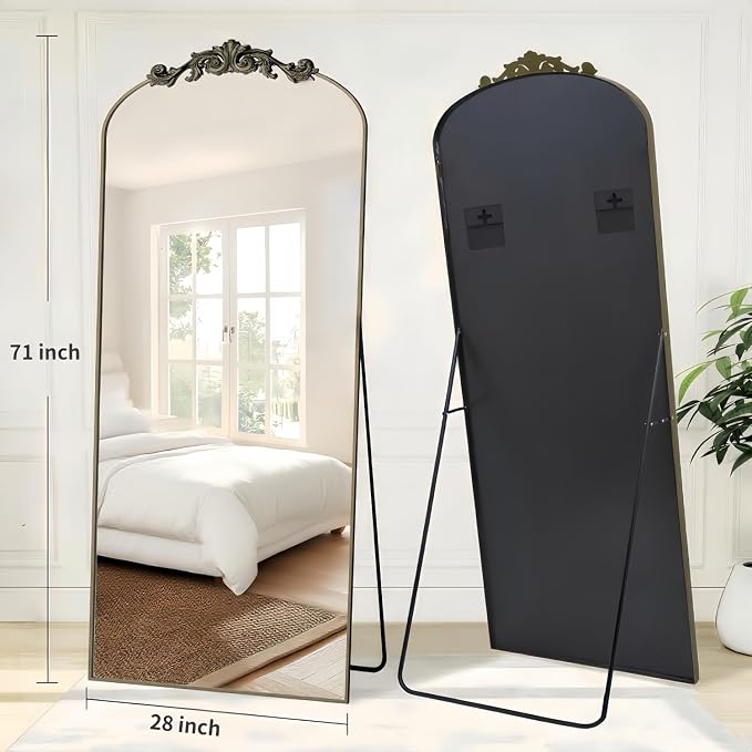 Dewfig Arched Full Length Mirror, 71"x28" Full Body Mirrors with Carved, Floor Mirror for HomeDecor, Standing/Halling Large Wall Mirror for Bedroom, Living Room, Cloakroom, Bronze, Retro Style