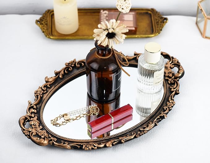 Tstarer Vintage Decorative Gold Framed Mirror, Wall Hanging Mirrors & Tabletop Tray for Bedroom Living Room Dresser Decor, Oval- 9.6" W x 14.3" L (BRONZE-2PACK)